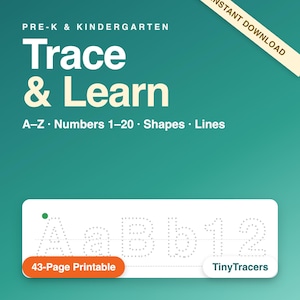 Puede incluir: Un recurso educativo imprimible de 43 páginas titulado Trace & Learn para preescolar y jardín de infantes. El fondo verde azulado presenta texto blanco que incluye A-Z, Numbers 1-20, Shapes y Lines. Un recuadro blanco muestra letras y números punteados.