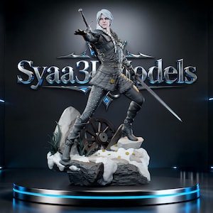 May include: A detailed figurine of a warrior with white hair, dressed in dark textured armour and tall boots, holding a long sword. The character stands on a snowy base with a wooden wheel and scattered gold coins, set against a Syaa3DModels logo.