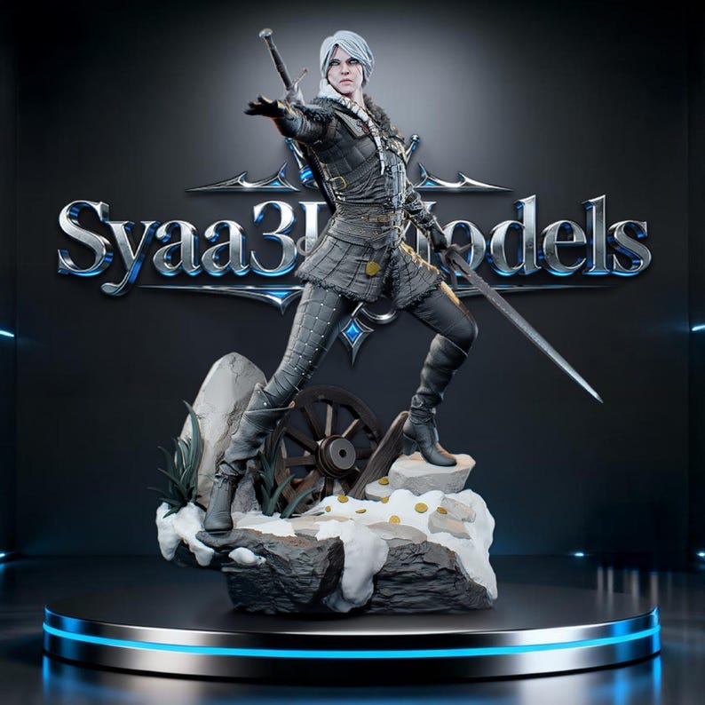 May include: A detailed figurine of a warrior with white hair, dressed in dark textured armour and tall boots, holding a long sword. The character stands on a snowy base with a wooden wheel and scattered gold coins, set against a Syaa3DModels logo.