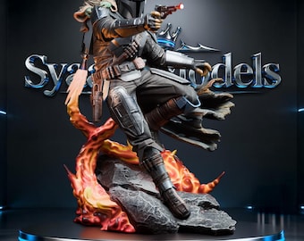 Mandaloriano - Star Wars STL / Tamaño completo + Busto / Combate con bláster con Grogu Companion Modelo 3D