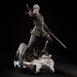 May include: A detailed figurine of a white-haired warrior in dark leather armour, holding a sword in one hand and extending the other. The character stands on a snowy base featuring a wooden wagon wheel, scattered gold coins, and rocky terrain.