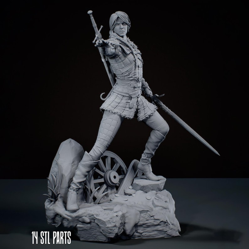May include: A grey 3D printed figurine of a warrior in a dynamic stance, holding a sword in one hand and extending the other. The figure wears textured armour and carries a sword on their back. The base features a wagon wheel and rocks. Text reads 14 STL PARTS.