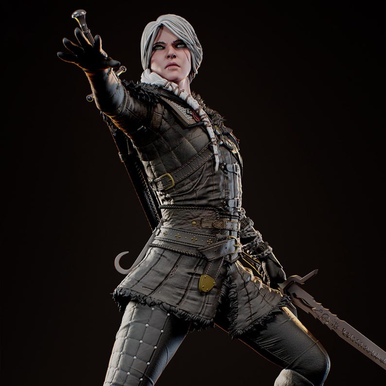 May include: A detailed figurine of a warrior with short white hair, wearing a dark quilted leather tunic, matching trousers, and gloves. The figure holds a sword in one hand and has a second sword strapped to the back, featuring intricate buckles.
