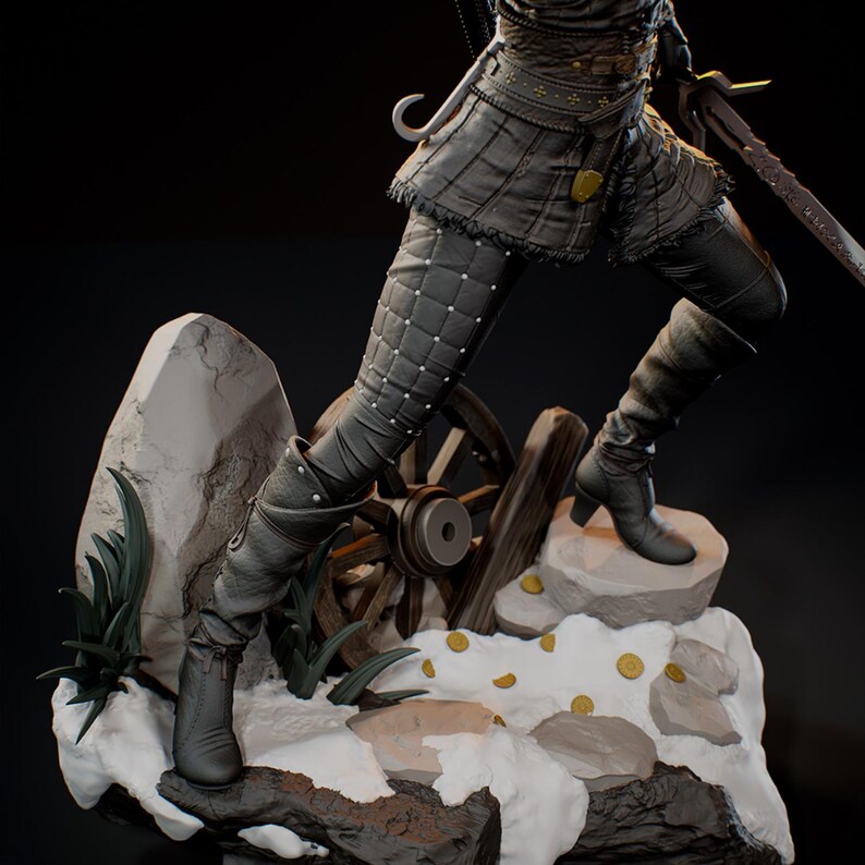 May include: A detailed figurine featuring a character in dark quilted trousers, a belted tunic, and boots, standing on a snowy base with a wooden wagon wheel, scattered gold coins, rocks, and dark green foliage, holding a metallic sword in one hand.