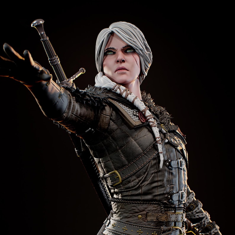 May include: A detailed figurine of a character with short white hair and a facial scar, wearing a dark brown quilted leather jacket with metallic buckles and straps. A sword hilt is visible over the shoulder, and one arm is extended forward.