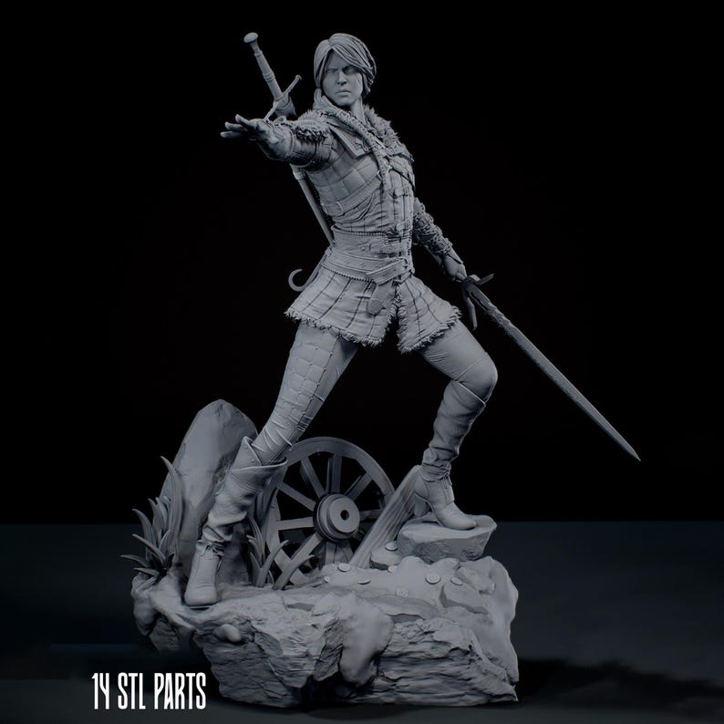 May include: A grey 3D printed figurine of a warrior standing on a rocky base with a wagon wheel. The figure wears textured armour, holds a sword in one hand, and has another sword strapped to their back. The text 14 STL PARTS is visible.