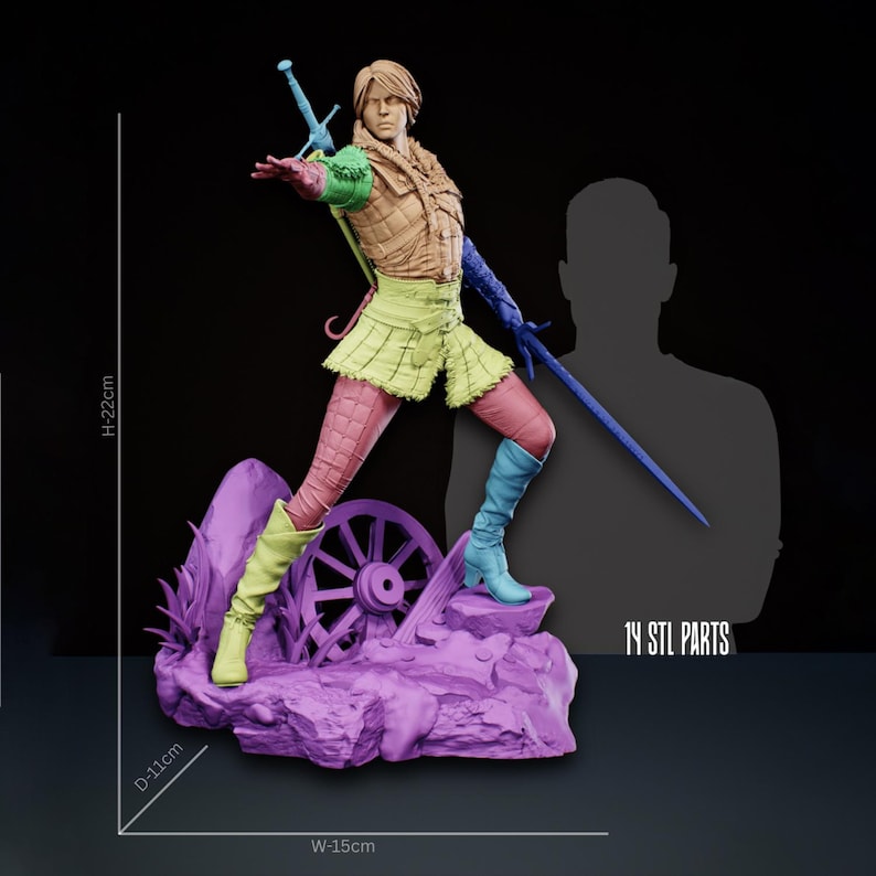 May include: A multi-coloured 3D printed figurine of a warrior holding a sword, standing on a purple rocky base with a wheel. The figure measures 22 cm in height, 15 cm in width, and 11 cm in depth. The set consists of 14 STL parts for assembly.