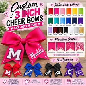 May include: A custom 3 inch cheer bow in hot pink with white lettering reading Maddie and a large letter M. The image displays a color chart of ribbon options, rhinestone placement choices, and additional examples of bows in red, blue, black, and purple.
