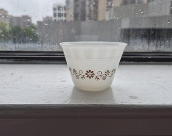 Vintage Pyr-O-Rey Milk Glass Dessert Bowl Brown Daisy Floral Pattern Ovenware Custard Cup Cottage Farmhouse Decor