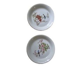 Vintage Takahashi San Francisco Porcelain Bird Trinket Dishes Set of 2 Made in Japan Floral Gold Rim Ring Jewelry Catchall Plates