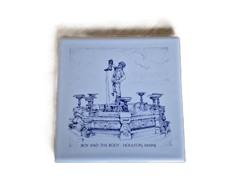 Vintage Boy and the Boot Houlton Maine Ceramic Tile Trivet | New England Souvenir Decor