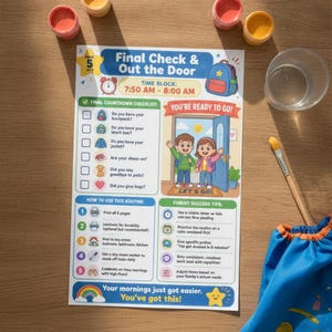 May include: A printed checklist titled Final Check & Out The Door with a morning routine guide for children. The sheet features a countdown checklist, illustrations of two children at a doorway, parent success tips, and instructions for daily use.