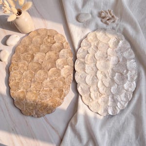 May include: Two oval-shaped decorative trays constructed from overlapping circular shell pieces. One tray features a warm, golden-brown hue, while the other displays a pearlescent, off-white finish. Both items have a textured, scale-like surface.