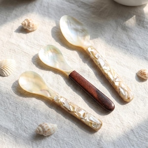 Juego de cubiertos de nácar, cuchara y tenedor con incrustaciones de concha, cuchara con mango de madera, utensilios de postre de estilo costero, regalo de cubertería bohemia hecha a mano