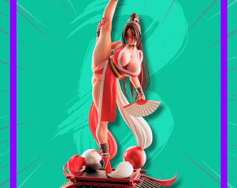 May include: A detailed figurine of a character with long brown hair in a high ponytail, wearing a red and white outfit with a black sash. The figure is in a high-kick pose, holding a white folding fan, and stands atop a miniature red roof structure.
