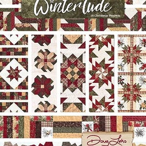 May include: A book cover titled Winterlude 18 Christmas Projects by Doug Leko featuring a collage of various quilt patterns in red, green, and cream colors with star motifs, plaid fabrics, and floral prints arranged in vertical and horizontal panels.