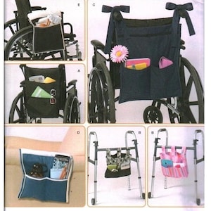 May include: Simplicity pattern 2822 for one size storage bags designed to attach to wheelchairs and walkers. The package displays various fabric pouches with multiple pockets, tie-top closures, and different color schemes including navy blue and patterns.