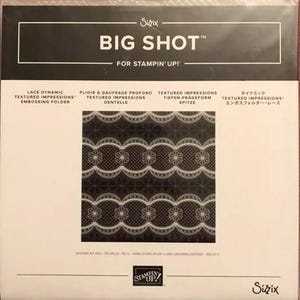May include: A Sizzix Big Shot for Stampin' Up! Lace Dynamic Textured Impressions embossing folder in its original packaging. The package features a black and white graphic showing a repeating lace pattern with floral and scalloped details.
