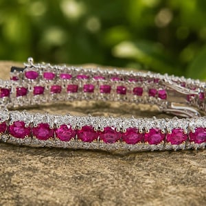 8.82 Ct Natural Round Diamond & Ruby Tennis Bracelet 14K Solid White Gold Wedding Bracelet Diamond Ruby Jewelry Anniversary Gift for Her