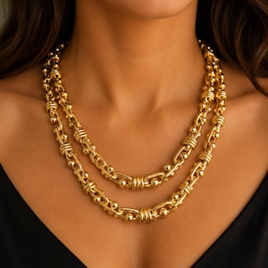 18K Yellow Gold 30" Long Substantial Open Link Wrap Chain Necklace Bead Ball Accents Luxury Statement Gold Necklace Handmade Fine Jewelry