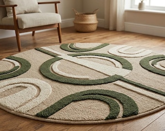 Hand-Tufted Wool Round Rug, Green Beige Abstract Scandinavian Carpet