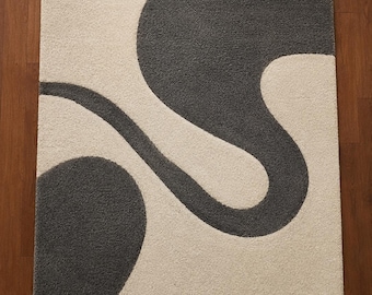 Handmade New Zealand Wool Abstract Rug, Cream Charcoal Tufted Carpet