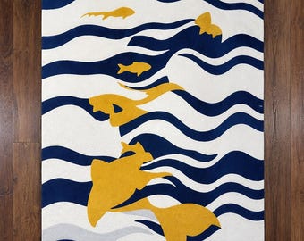 Ocean Wave Koi Fish Area Rug, Coastal Blue White Nautical Carpet