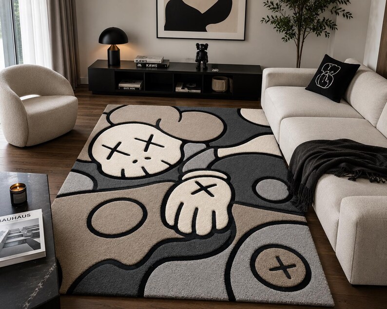 KAWS Inspired Abstract Tufted Rug, Cartoon Street Art Carpet, Modern Bedroom Decor image 4