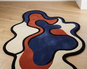 Abstract Organic Shape Rug | Blue Rust Cream Tufted Carpet, Modern Statement Home Décor