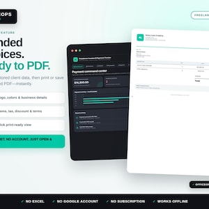 May include: A digital template for freelance administration featuring a dark-themed payment command center dashboard and a white invoice document. Text includes OfficeOps Template, Branded invoices, Ready to PDF, and No internet. No account. Just open & send.