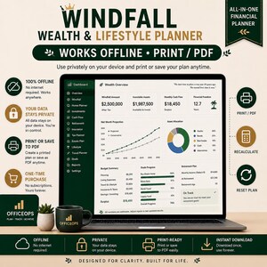 Peut inclure: Un planificateur financier numérique affiché sur un écran d'ordinateur portable, intitulé Windfall Wealth & Lifestyle Planner. L'interface présente un tableau de bord avec des graphiques de patrimoine, de projection et de budget en vert foncé.