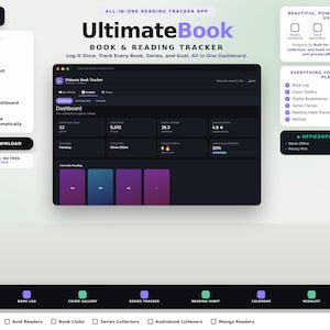 May include: A digital UltimateBook reading tracker app interface displayed on a dark screen. The dashboard features metrics for books read, pages, and reading streaks. The layout includes a sidebar with navigation icons and a bottom menu bar.