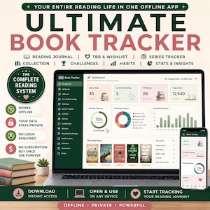 Può includere: Un'applicazione digitale per il monitoraggio dei libri visualizzata su uno schermo di laptop e smartphone. L'interfaccia presenta una dashboard con progressi di lettura, grafici di genere e liste. Il testo include "Ultimate Book Tracker".