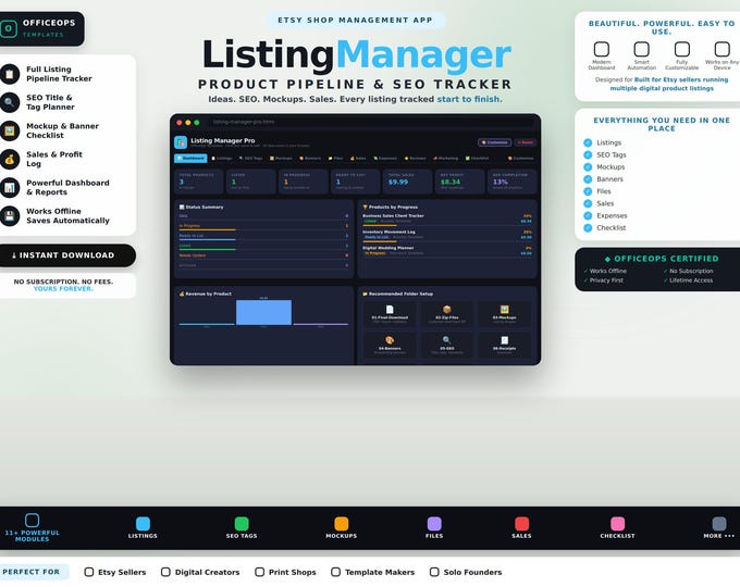 Listing Manager Pro | Etsy Shop Product Pipeline Tracker | SEO Tags Sales Mockup Planner