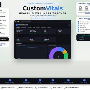 以下が含まれることがあります： CustomVitalsという名称の健康・ウェルネス管理アプリのインターフェース。ダッシュボードには血圧、血糖値、睡眠時間、歩数の指標が表示されています。カスタム指標のセクションと円グラフが含まれています。