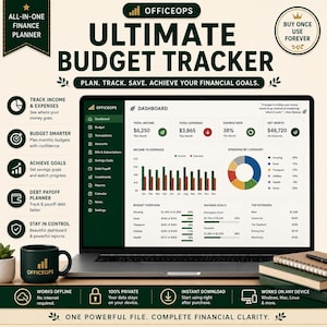 May include: A laptop displaying the OfficeOps Ultimate Budget Tracker dashboard with financial charts, income, expenses, and savings data. The screen shows categories like housing, food, and transport. Text includes Plan, Track, Save, Achieve Your Financial Goals.