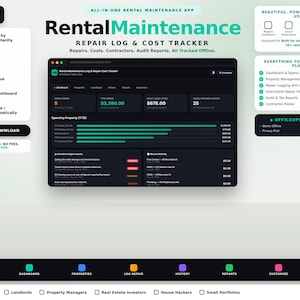 Könnte beinhalten: Eine digitale Anwendungsoberfläche zur Protokollierung von Mietreparaturen und Kostenverfolgung. Das dunkel gestaltete Dashboard zeigt Ausgabenanalysen, offene Probleme und Reparaturhistorien an, inklusive Funktionen für Prüfberichte und Offline-Nutzung für die Immobilienverwaltung.