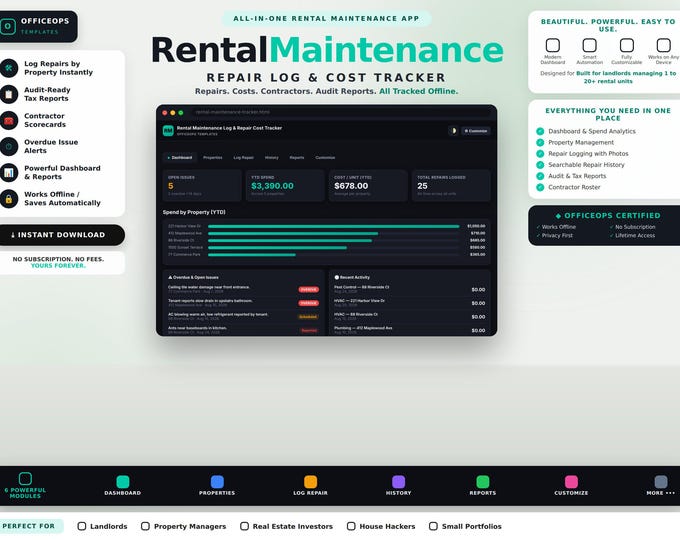 Rental Property Maintenance Tracker | Repair Cost Log for Landlords Offline HTML App