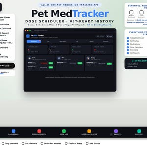 Op de afbeelding: Een digitale Pet MedTracker-applicatie-interface weergegeven op een scherm, met een donker dashboard voor het plannen van medicatie voor huisdieren, het bijhouden van doses en het genereren van dierenartsrapporten met huisdierprofielen.