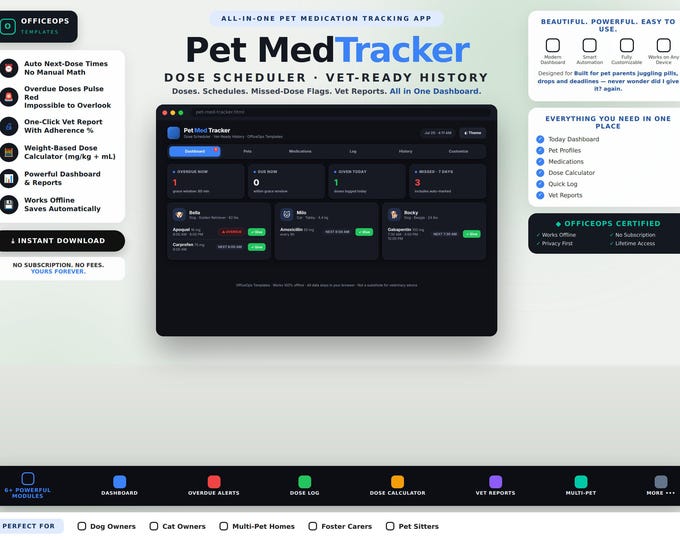 Pet Medication Tracker | Offline HTML App | Dose Scheduler, Vet Reports & Multi-Pet Manager
