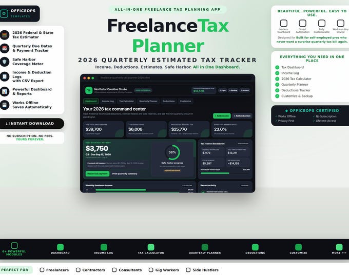 Freelance Quarterly Tax Planner, 2026 SE Tax & QBI Offline HTML App