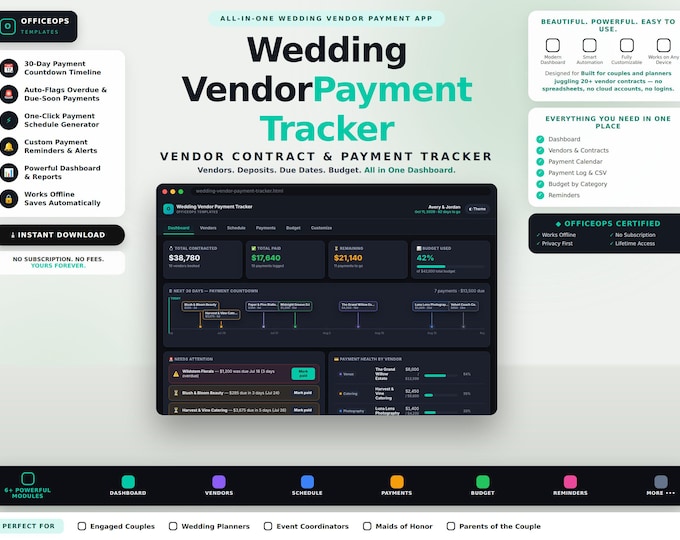 Wedding Vendor Payment Tracker | Budget, Contracts, Due Dates (Digital App)