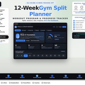12-tygodniowy planer treningów siłowych, aplikacja do śledzenia treningów, program Push Pull Legs, dziennik postępów