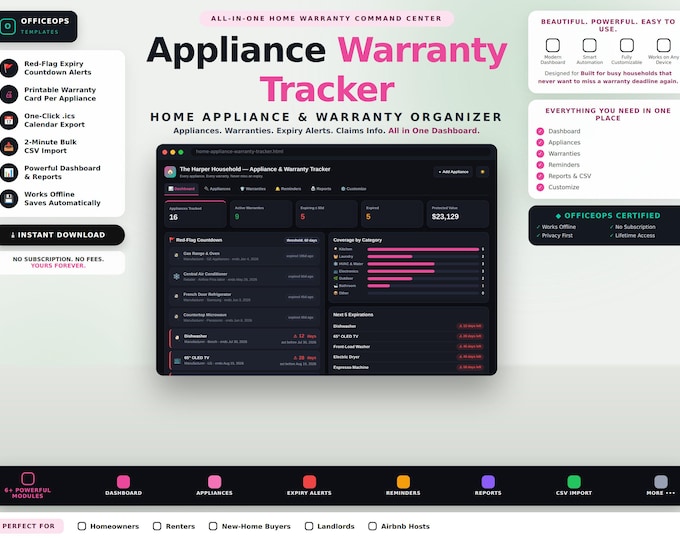 Appliance Warranty Tracker | Expiry Date Organizer | Digital Inventory Log | Offline HTML App | No Subscription