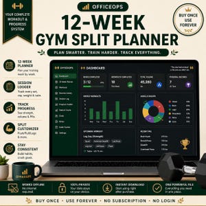 May include: A digital 12-week gym split planner displayed on a laptop screen, featuring a dashboard with workout progress, muscle group charts, and personal records. The interface includes a session logger, exercise library, and habit tracker.
