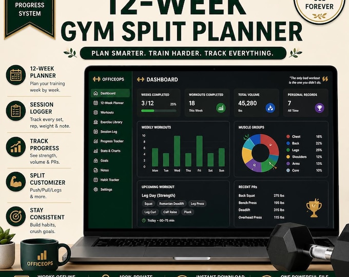12-Week Gym Split Planner, Workout Tracker App, Push Pull Legs Program, Progress Log