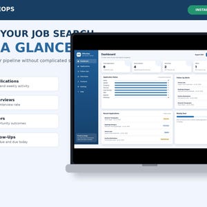 May include: A digital dashboard interface displayed on a laptop screen titled OfficeOps. The layout features a dark blue sidebar with navigation icons, a main area showing job application statistics, status bars, follow-up alerts, and recent applications.