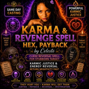 May include: A digital graphic featuring the text Karma & Revenge Spell Hex, Payback by Celeste. The design includes a person, two black candles, a skull, a broken heart icon, a mirror, and various mystical symbols in purple and orange hues.