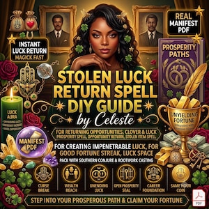 May include: A digital graphic titled Stolen Luck Return Spell DIY Guide by Celeste, featuring a central figure, a green candle, a crystal ball, a gold trophy with gold bars, stacks of cash, and various mystical symbols including hamsas and clovers.
