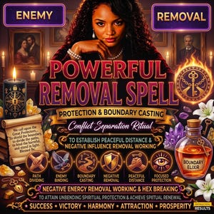 May include: A digital graphic for a powerful removal spell featuring a person with dark curly hair, a black candle with a key symbol, a scroll with text, a bottle labeled boundary elixir, crystals, and text including enemy removal.